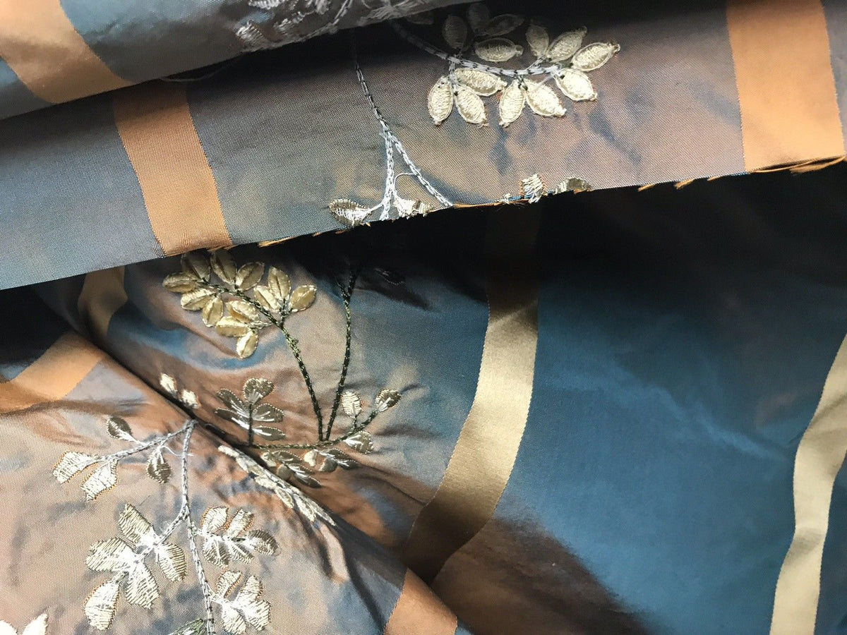SALE! Designer 100% Silk Taffeta Embroidery Fabric Teal & Peach Iridescent - Fancy Styles Fabric Boutique