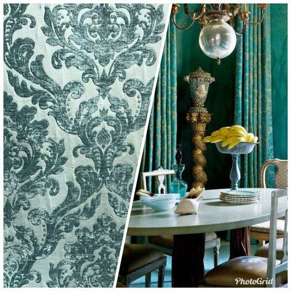 Queen Isabella Designer Damask Burnout Chenille Velvet Fabric - Turquoise Green - Fancy Styles Fabric Pierre Frey Lee Jofa Brunschwig & Fils