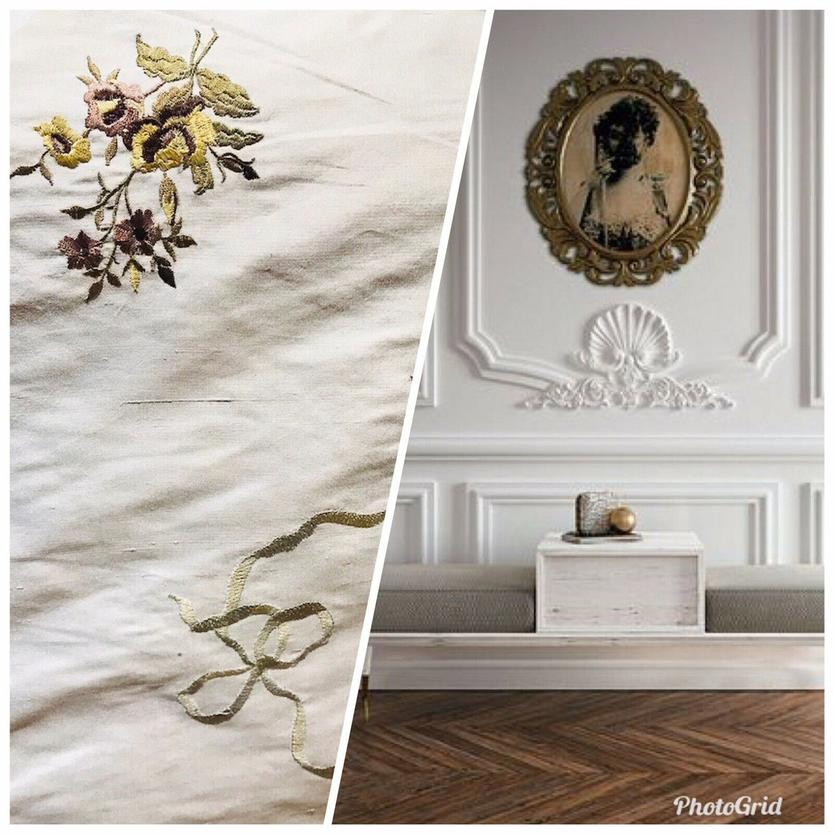 NEW! Designer 100% Silk Dupioni Floral & Ribbon Motif Embroidered Fabric BTY - Fancy Styles Fabric Pierre Frey Lee Jofa Brunschwig & Fils