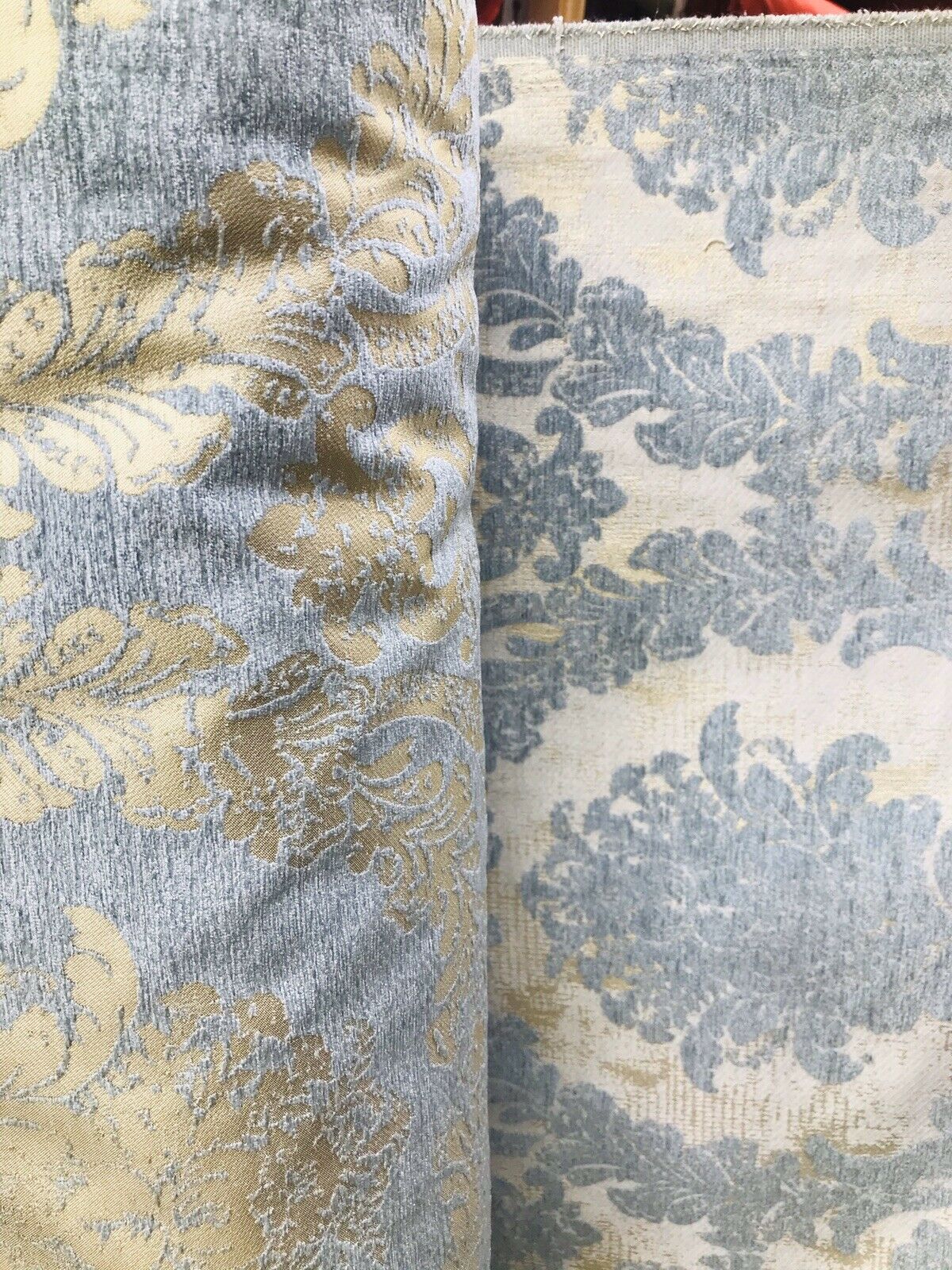 Lord Augustin Designer Velvet Chenille Burnout Damask Upholstery Fabric - Blue & Gold - Fancy Styles Fabric Pierre Frey Lee Jofa Brunschwig & Fils