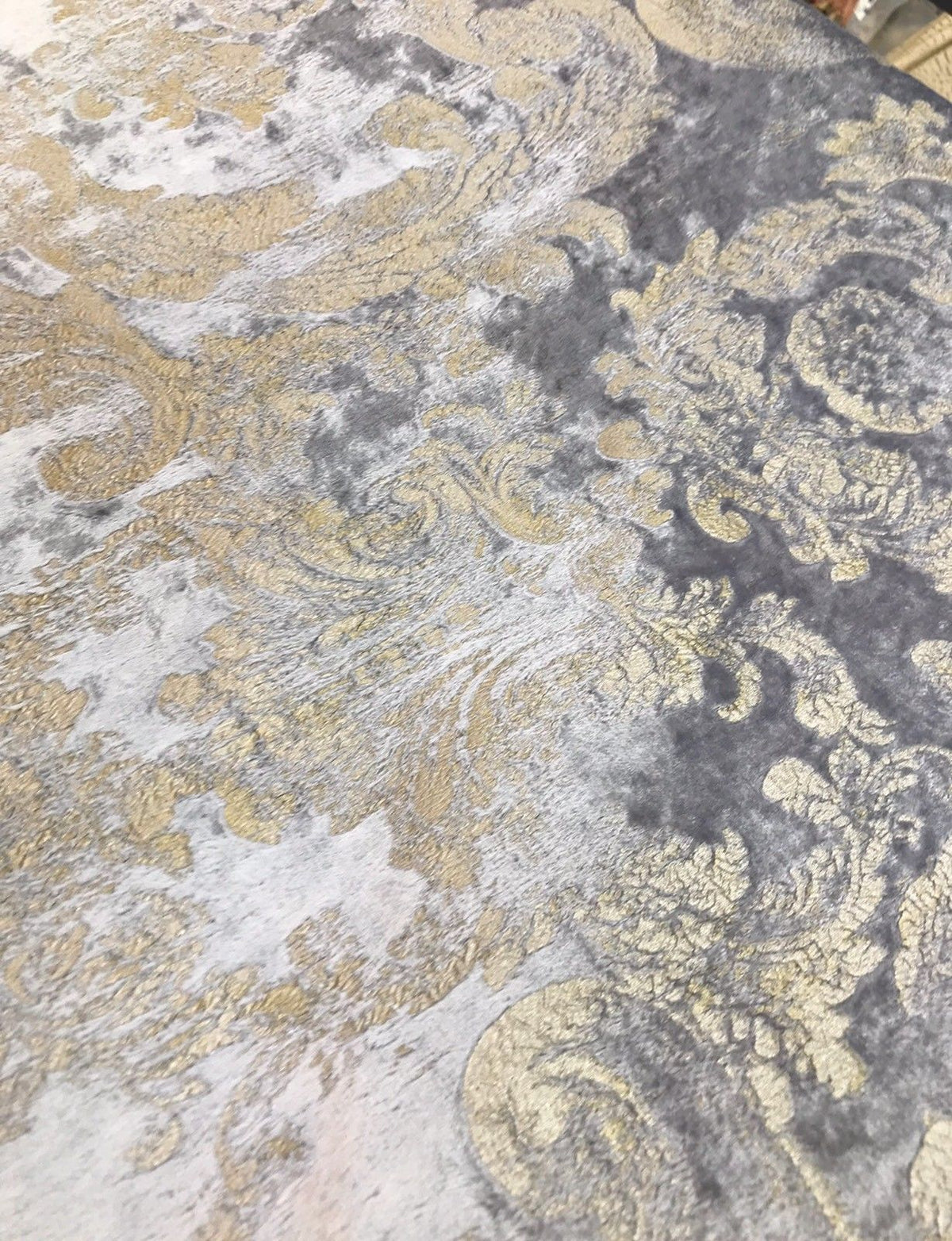 NEW! Burnout Antique Inspired Velvet Fabric Silver Lavender-Gray And Gold - Fancy Styles Fabric Pierre Frey Lee Jofa Brunschwig & Fils