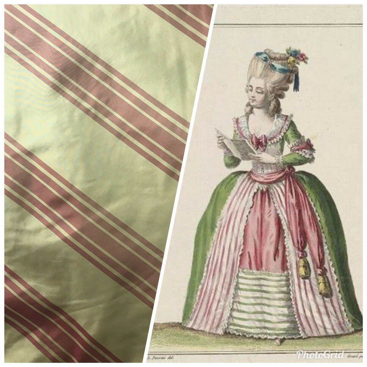 NEW Princess Vanessa Designer 100% Silk Taffeta Dupioni Stripes Fabric - Faded Green/Red 55” Wide - Fancy Styles Fabric Pierre Frey Lee Jofa Brunschwig & Fils