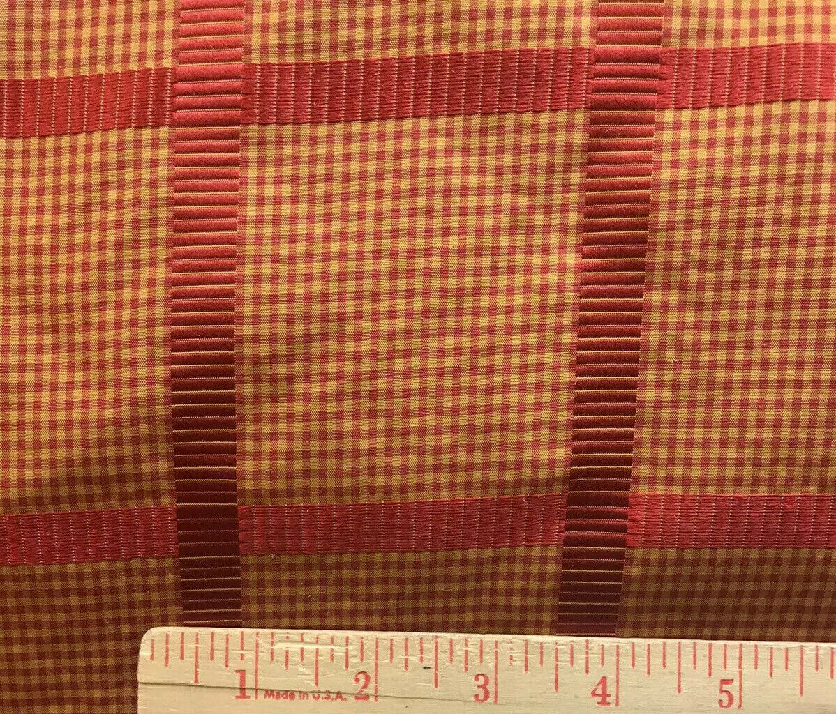 NEW! Miss Jaqueline Designer 100% Silk Taffeta Gingham Ribbon Stripes Plaid Fabric -Red Gold - Fancy Styles Fabric Pierre Frey Lee Jofa Brunschwig & Fils