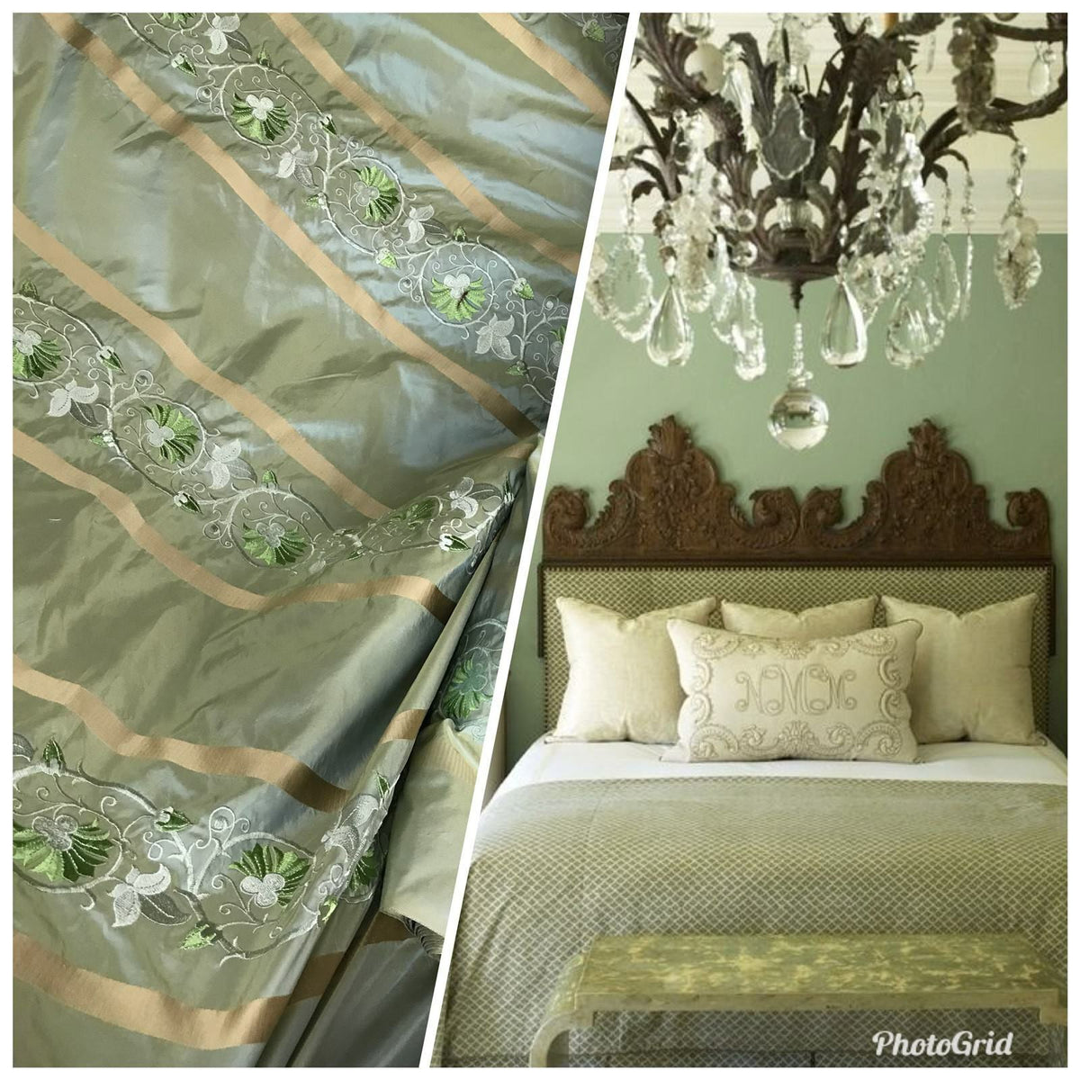 SALE! Duchess Jezebel Designer 100% Silk Taffeta Aqua Green Fabric Embroidered Drapery - Fancy Styles Fabric Pierre Frey Lee Jofa Brunschwig & Fils