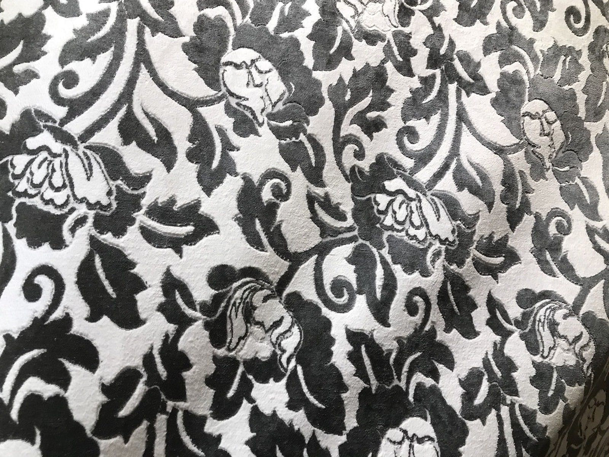 SWATCH Burnout Velvet Upholstery Fabric Floral Charcoal (almost Black) & White - Fancy Styles Fabric Boutique