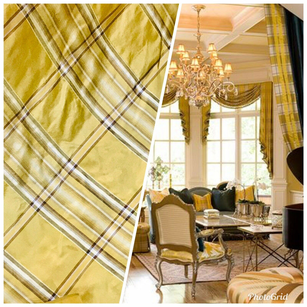 NEW Designer 100% Silk Taffeta Plaid Tartan Fabric- Yellow BY The Yard - Fancy Styles Fabric Pierre Frey Lee Jofa Brunschwig & Fils