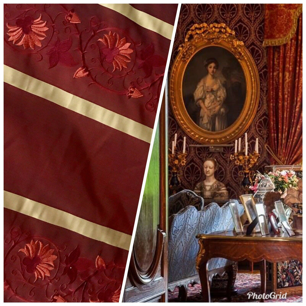Duchess Jezebel Designer 100% Silk Taffeta Embroidery Floral Fabric Red and Gold BTY - Fancy Styles Fabric Pierre Frey Lee Jofa Brunschwig & Fils