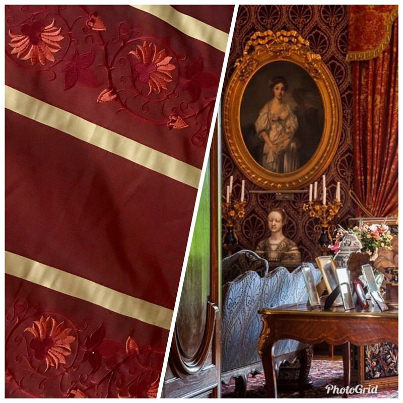 Duchess Jezebel Designer 100% Silk Taffeta Embroidery Floral Fabric Red and Gold BTY - Fancy Styles Fabric Pierre Frey Lee Jofa Brunschwig & Fils