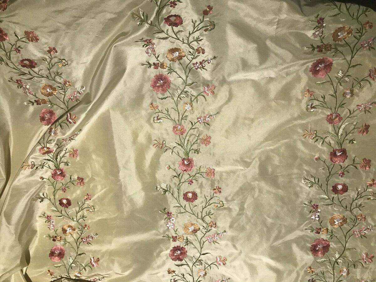 1 Yard Remnant- Designer 100% Silk Dupioni Embroidery Floral Fabric- Beige - Fancy Styles Fabric Pierre Frey Lee Jofa Brunschwig & Fils