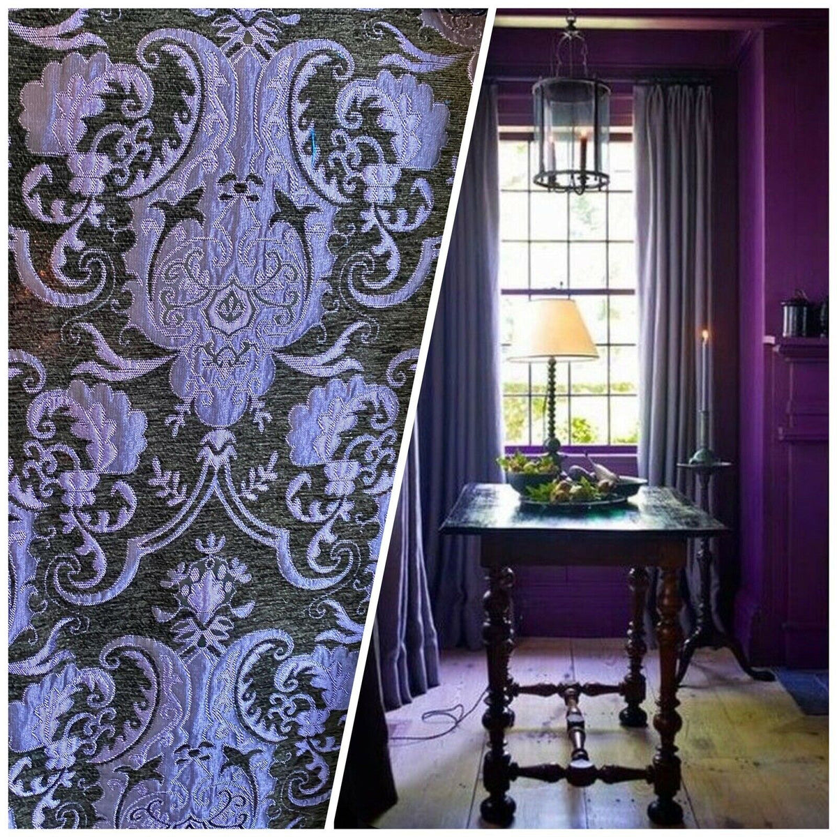 NEW Lady Emile Designer Damask Burnout Chenille Velvet Fabric - Purple & Dark Gray BTY - Fancy Styles Fabric Pierre Frey Lee Jofa Brunschwig & Fils