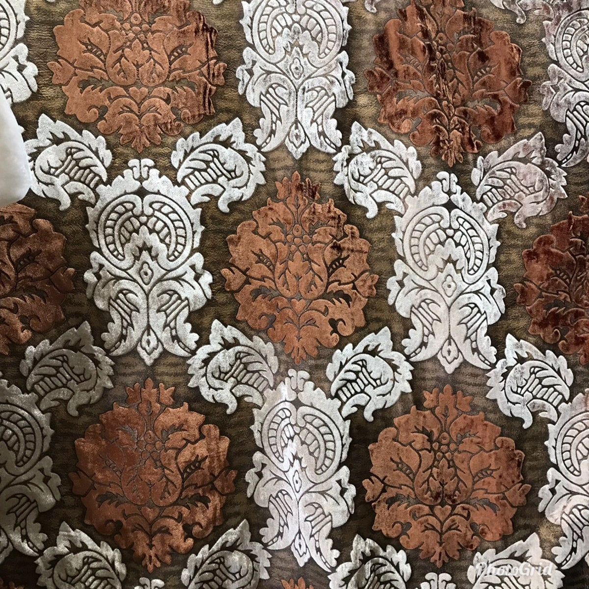 NEW! Designer Silk Rayon Velvet Fabric By yard- Floral Brown Rust - Fancy Styles Fabric Boutique