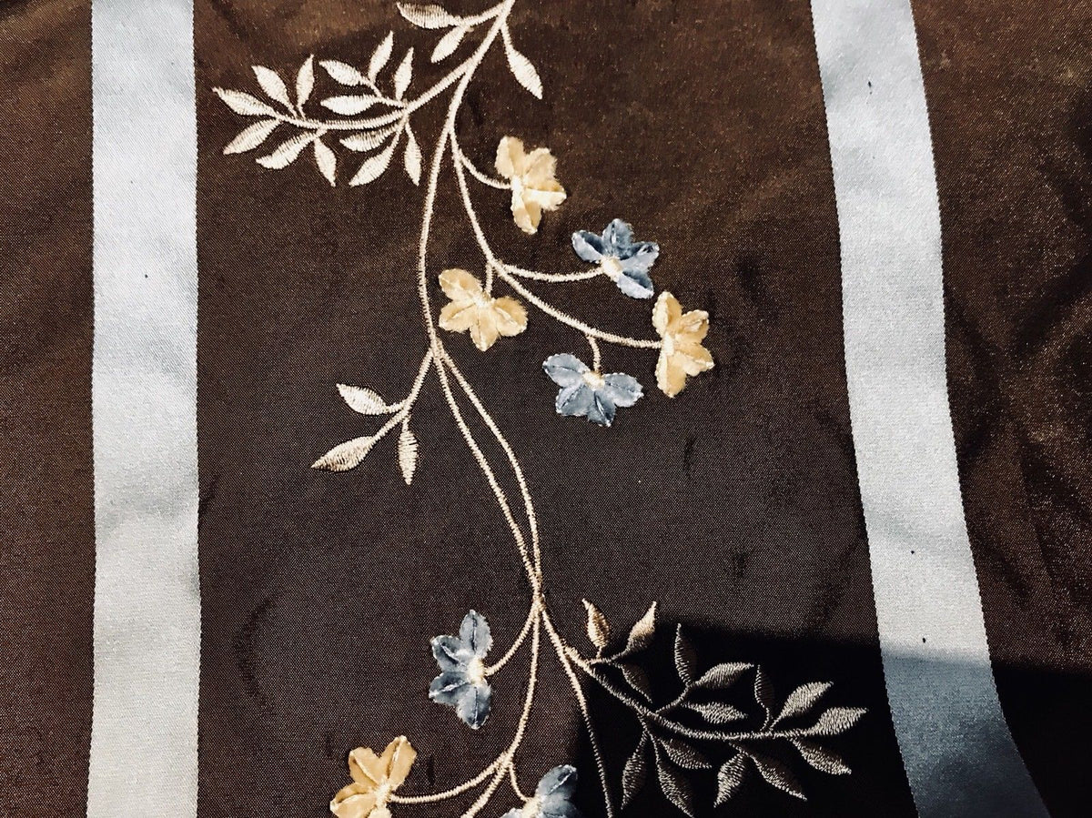 SALE! 100% Silk Taffeta Designer Fabric Embroidery Brown And Eggshell Blue - Fancy Styles Fabric Boutique