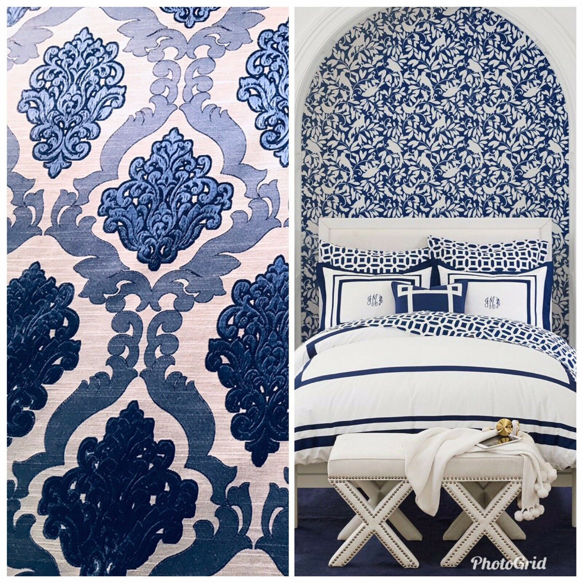 NEW Duchess Camille Designer Burnout Damask Satin Upholstery Fabric- Blue & Natural BTY - Fancy Styles Fabric Pierre Frey Lee Jofa Brunschwig & Fils