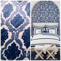 NEW Duchess Camille Designer Burnout Damask Satin Upholstery Fabric- Blue & Natural BTY - Fancy Styles Fabric Pierre Frey Lee Jofa Brunschwig & Fils