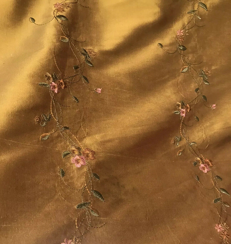 NEW! Duchess Rowena 100% Silk Dupioni Embroidery Floral Fabric- Copper Gold - Fancy Styles Fabric Pierre Frey Lee Jofa Brunschwig & Fils