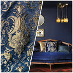 NEW Lady Emile Designer Damask Burnout Chenille Velvet Fabric - Blue & Gold BTY - Fancy Styles Fabric Pierre Frey Lee Jofa Brunschwig & Fils