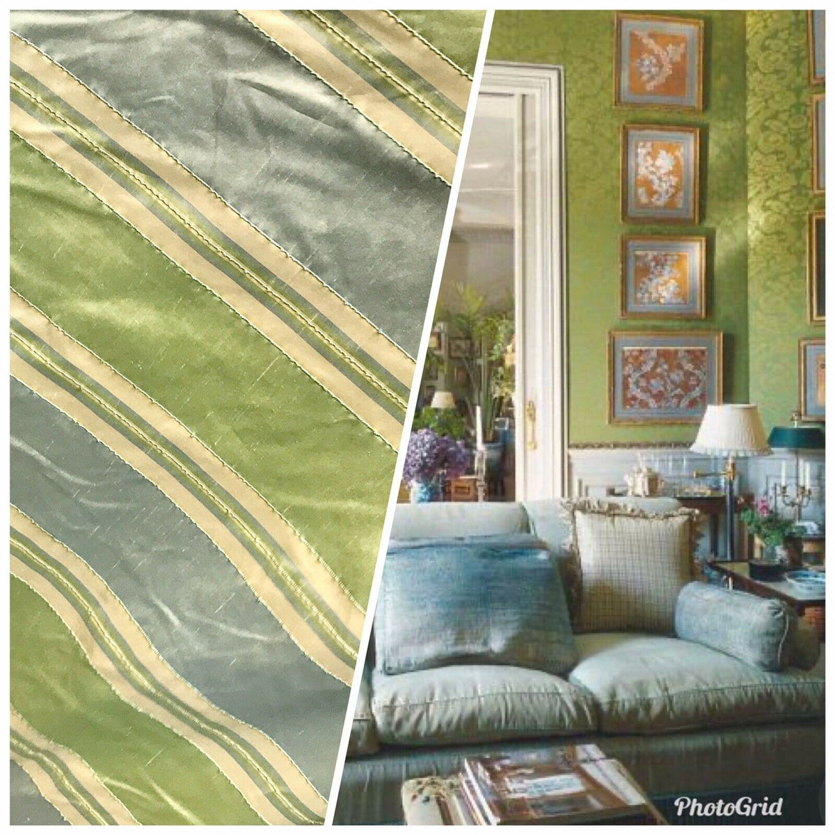 NEW Lady Marianne Designer 100% Silk Dupioni Stripes Embroidery Fabric - Blue Green 55” Wide - Fancy Styles Fabric Pierre Frey Lee Jofa Brunschwig & Fils