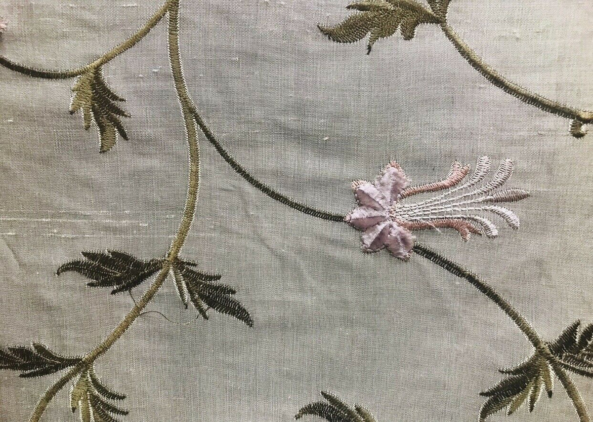 NEW! 100% Silk Dupioni Embroidered Velvet Floral Fabric- Grey Taupe Lavender BTY - Fancy Styles Fabric Pierre Frey Lee Jofa Brunschwig & Fils