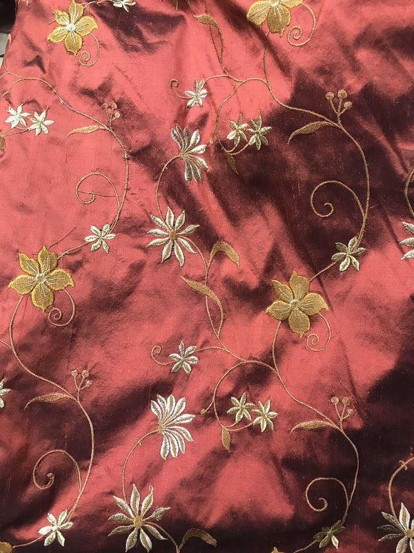 SALE! Designer 100% Silk Taffeta Embroidery Floral Fabric Rust Red- Textured - Fancy Styles Fabric Pierre Frey Lee Jofa Brunschwig & Fils