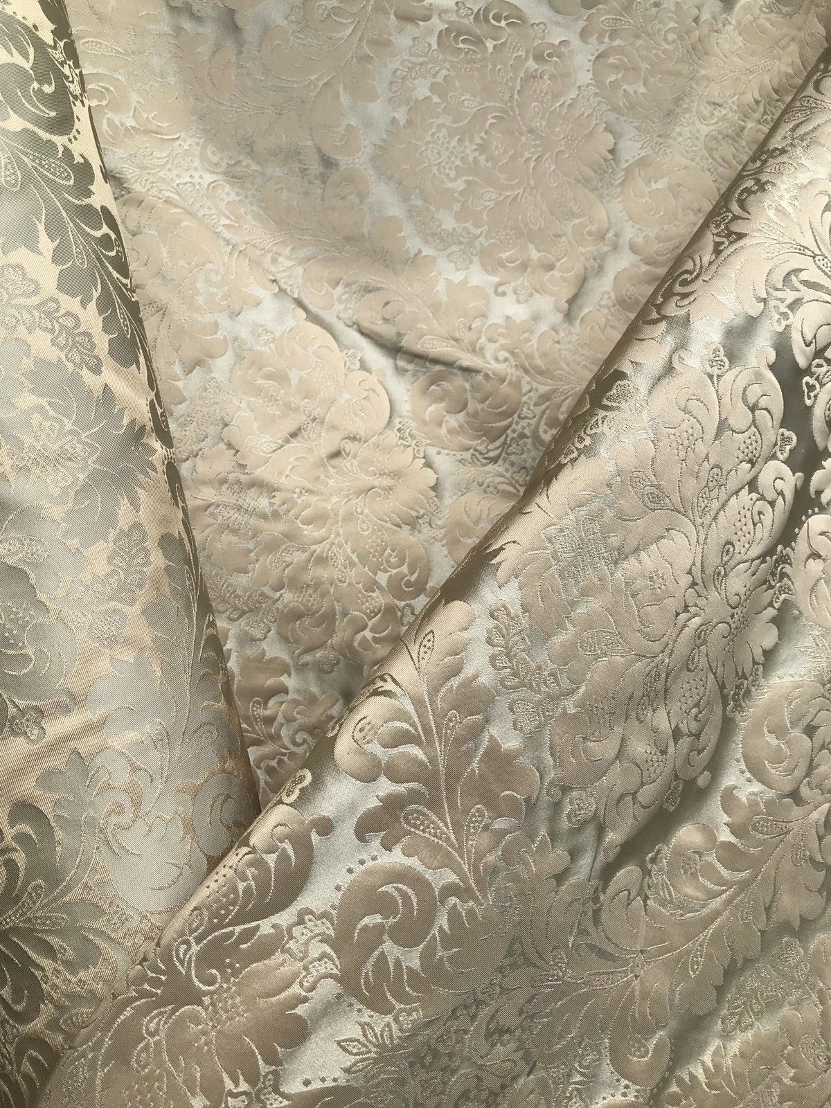 SALE! 100% Silk Taffeta Jacquard Drapery Damask Fabric - Beige & Silver Sea Foam - Fancy Styles Fabric Boutique
