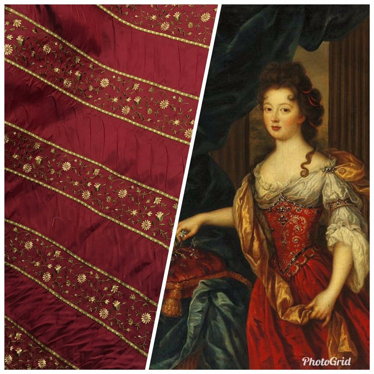 NEW! Lady Margot 100% Silk Dupioni Embroidered Floral Stripes Fabric- Dark Red - Fancy Styles Fabric Pierre Frey Lee Jofa Brunschwig & Fils