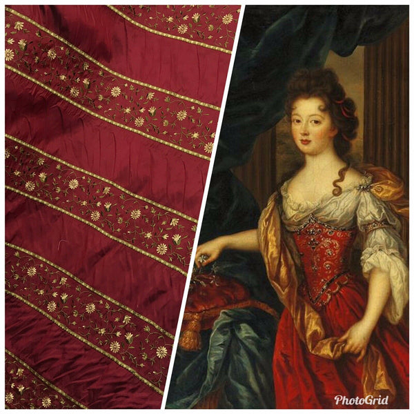 NEW! Lady Margot 100% Silk Dupioni Embroidered Floral Stripes Fabric- Dark Red - Fancy Styles Fabric Pierre Frey Lee Jofa Brunschwig & Fils