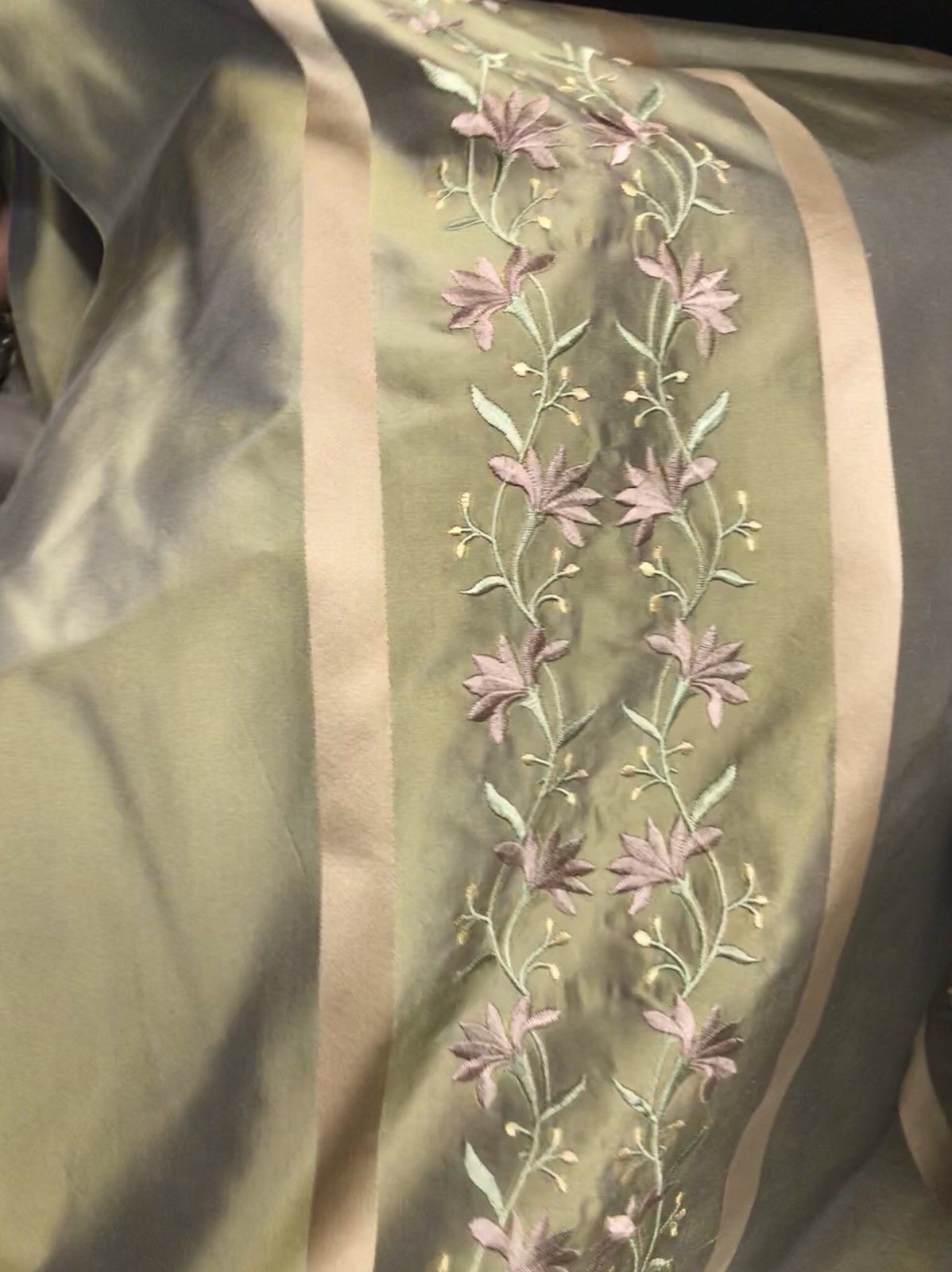 NEW! SALE! 100% Silk Taffeta Embroidered Fabric- Green With Lavender Floral - Fancy Styles Fabric Boutique