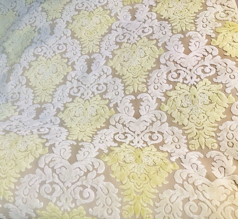 Sir Mason Novelty Italian Burnout Damask Chenille Upholstery Velvet Fabric Yellow Cream - Fancy Styles Fabric Pierre Frey Lee Jofa Brunschwig & Fils