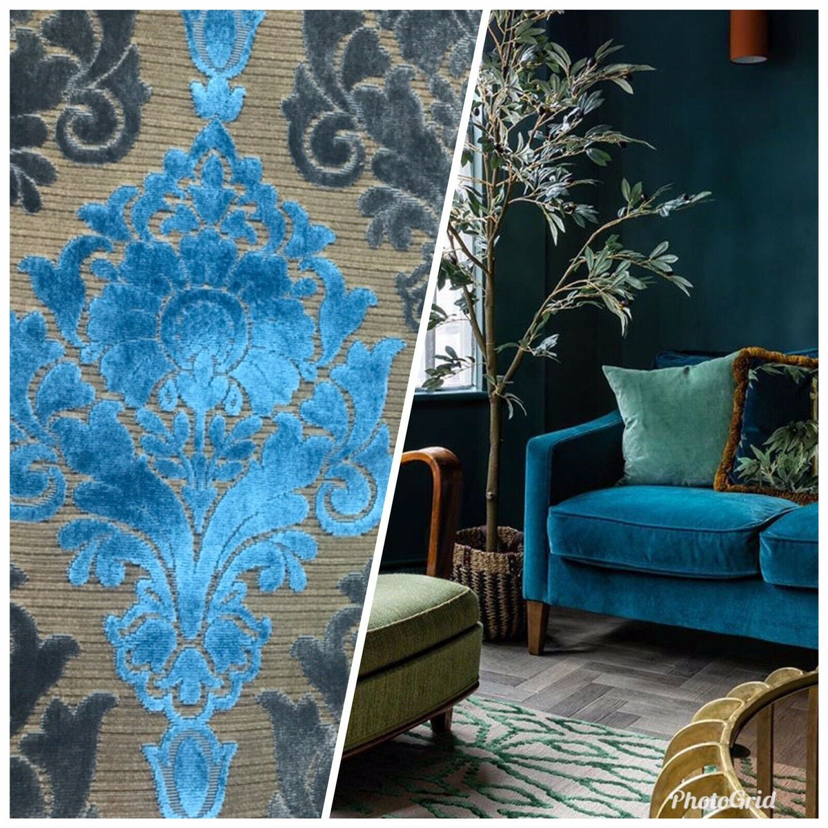 Prince John Novelty Italian Burnout Upholstery Chenille Velvet Fabric- Blue Gold - Fancy Styles Fabric Pierre Frey Lee Jofa Brunschwig & Fils