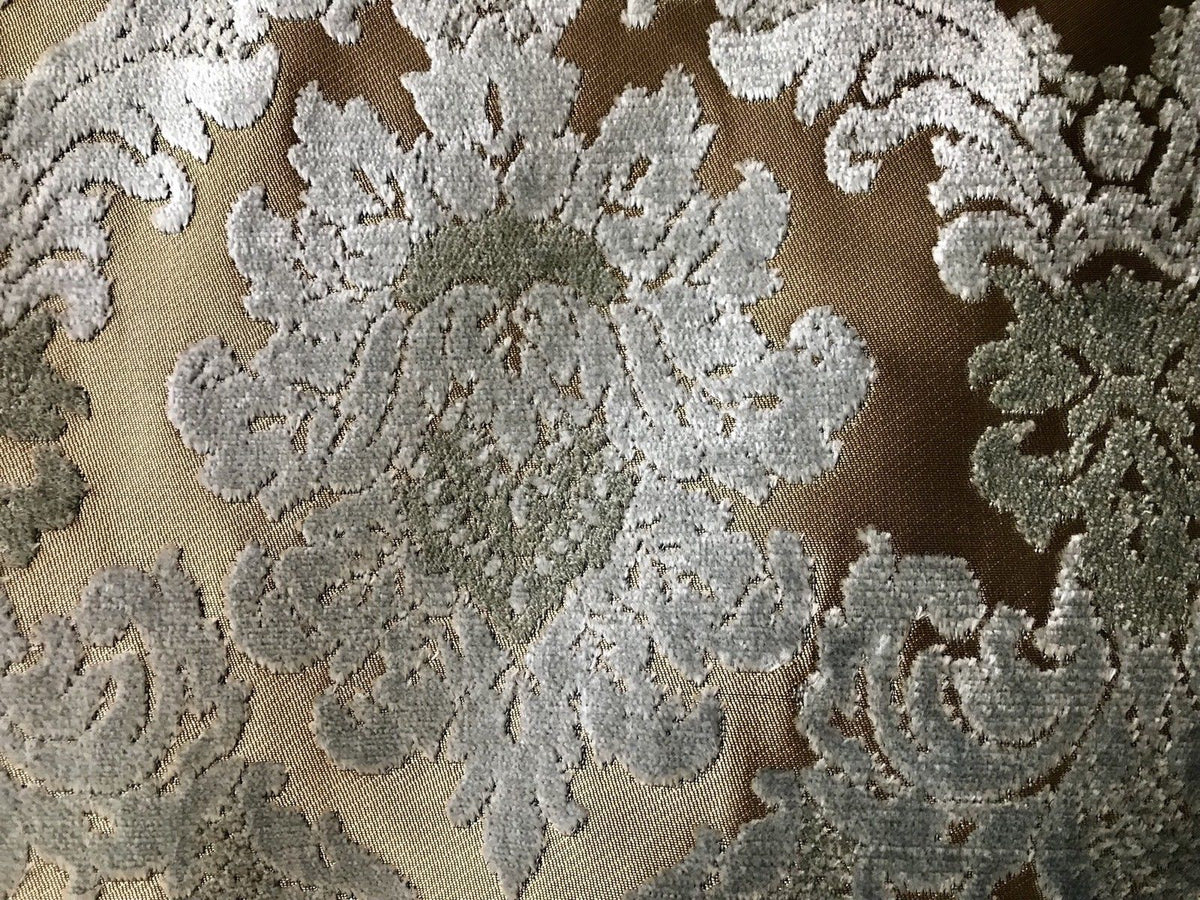 SWATCH Designer Italian Burnout Damask Chenille Blue Bronze Fabric Upholstery - Fancy Styles Fabric Boutique