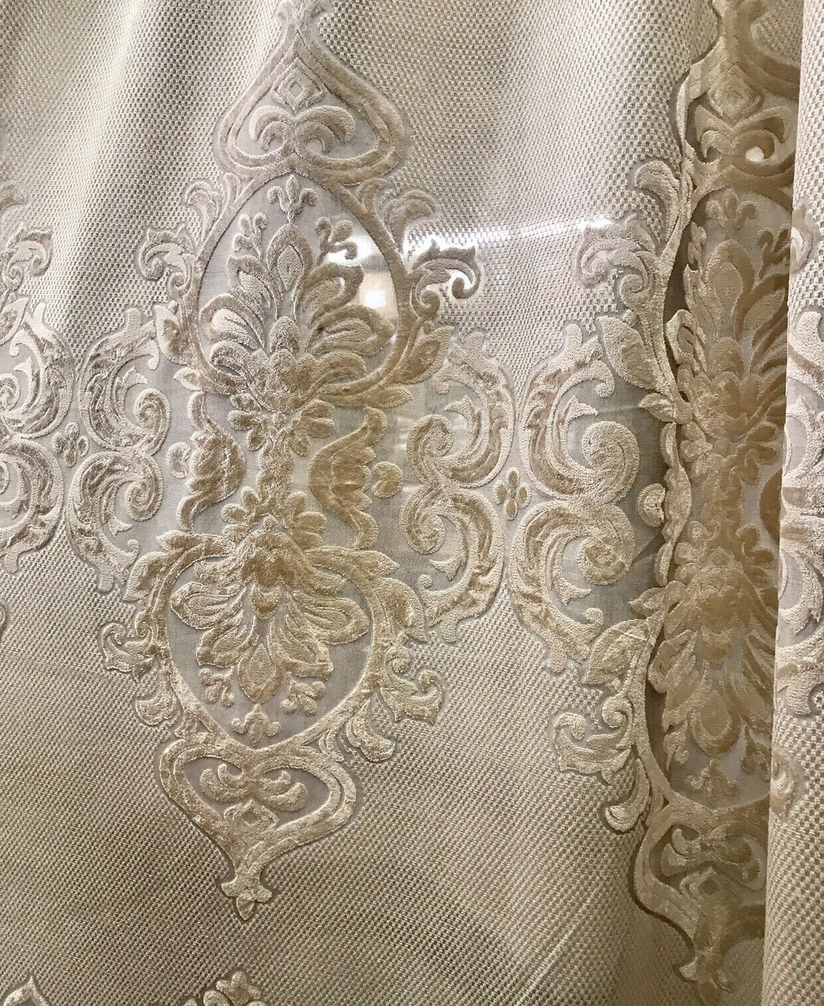 NEW! 112” Wide Designer Sheer Burnout Velvet Lace Drapery Fabric- Shell Pearl - Fancy Styles Fabric Pierre Frey Lee Jofa Brunschwig & Fils