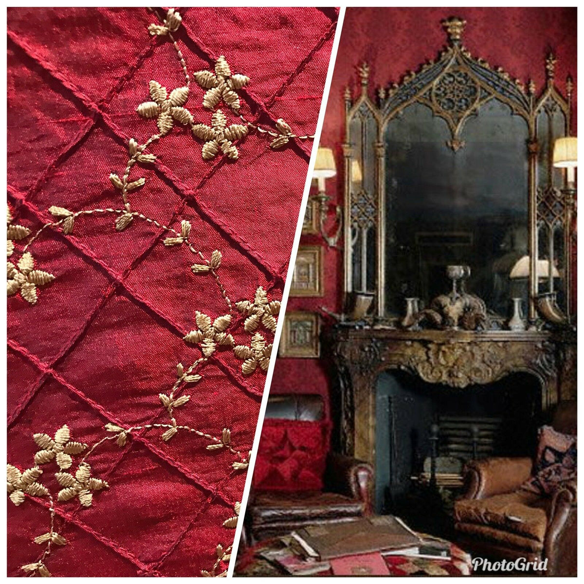 Queen Elisabeth 100% Silk Dupioni Embroidered Floral Quilted Motif Fabric - Dark Red LLSUR0003 - Fancy Styles Fabric Pierre Frey Lee Jofa Brunschwig & Fils