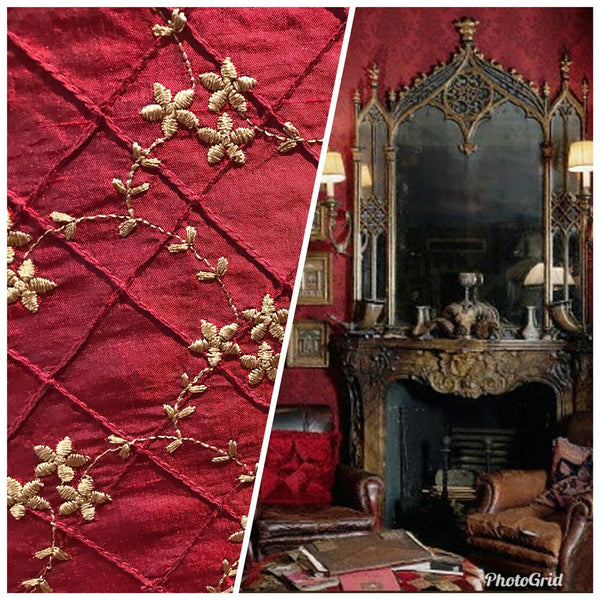Queen Elisabeth 100% Silk Dupioni Embroidered Floral Quilted Motif Fabric - Dark Red LLSUR0003 - Fancy Styles Fabric Pierre Frey Lee Jofa Brunschwig & Fils