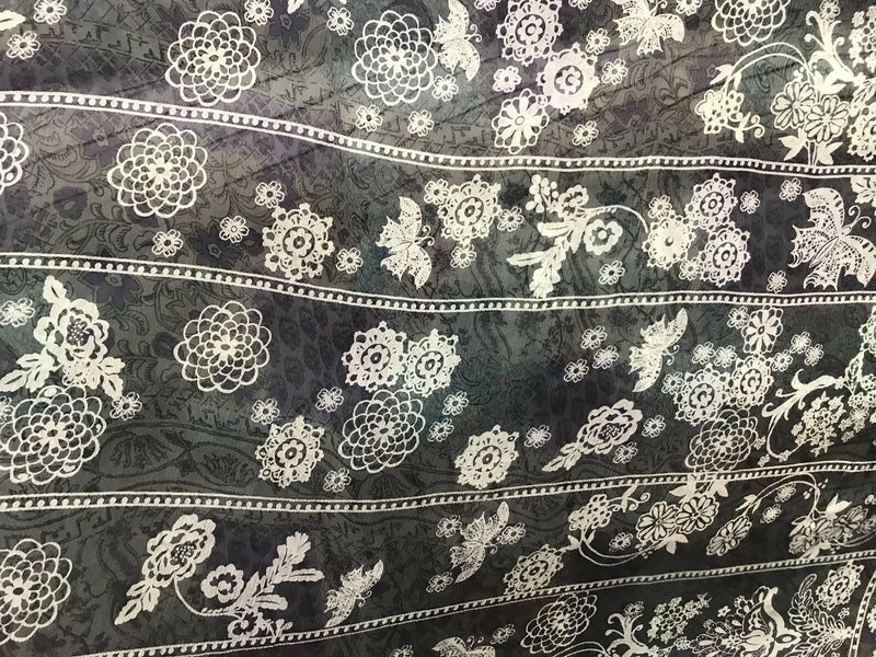 NEW! 100% Silk Chiffon Fabric Bohemian Black And White Floral - By The Yard - Fancy Styles Fabric Pierre Frey Lee Jofa Brunschwig & Fils