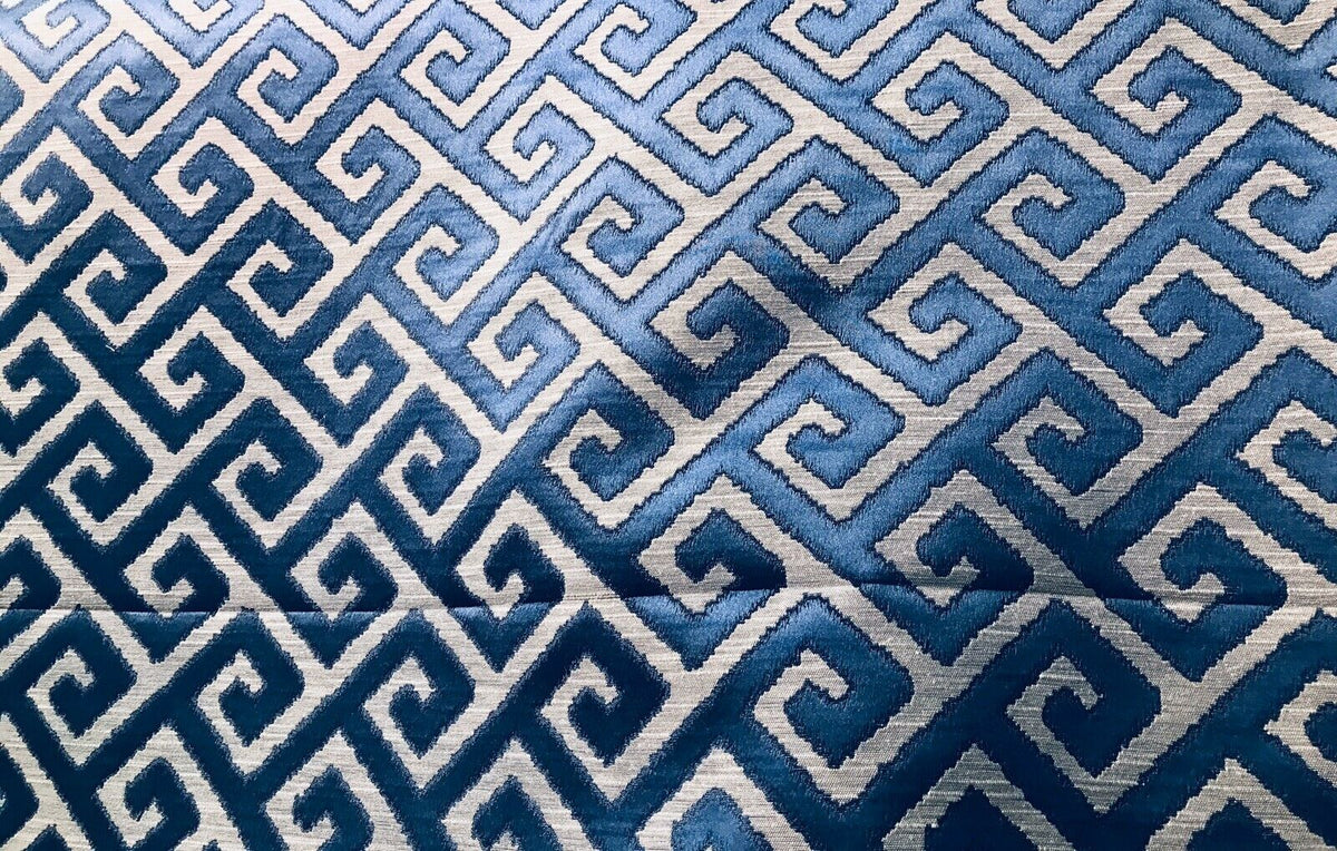 Sir Ryan Designer Burnout Geometric Satin Upholstery Fabric- Blue & Natural BTY - Fancy Styles Fabric Pierre Frey Lee Jofa Brunschwig & Fils