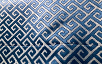Sir Ryan Designer Burnout Geometric Satin Upholstery Fabric- Blue & Natural BTY - Fancy Styles Fabric Pierre Frey Lee Jofa Brunschwig & Fils
