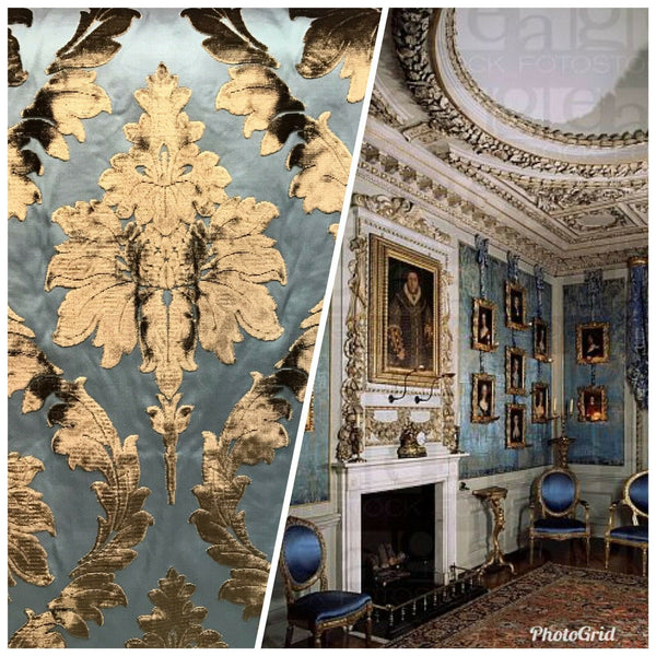 Emperor Walter Designer Italian Burnout Damask Chenille Blue Bronze Fabric Upholstery - Fancy Styles Fabric Pierre Frey Lee Jofa Brunschwig & Fils