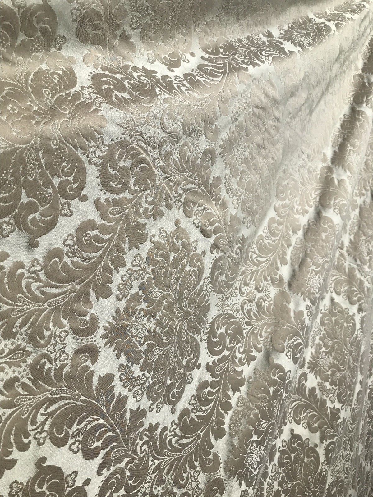 SALE! 100% Silk Taffeta Jacquard Drapery Damask Fabric - Beige & Silver Sea Foam - Fancy Styles Fabric Boutique
