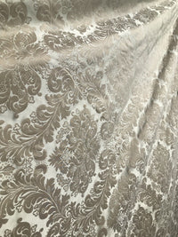 SALE! 100% Silk Taffeta Jacquard Drapery Damask Fabric - Beige & Silver Sea Foam - Fancy Styles Fabric Boutique
