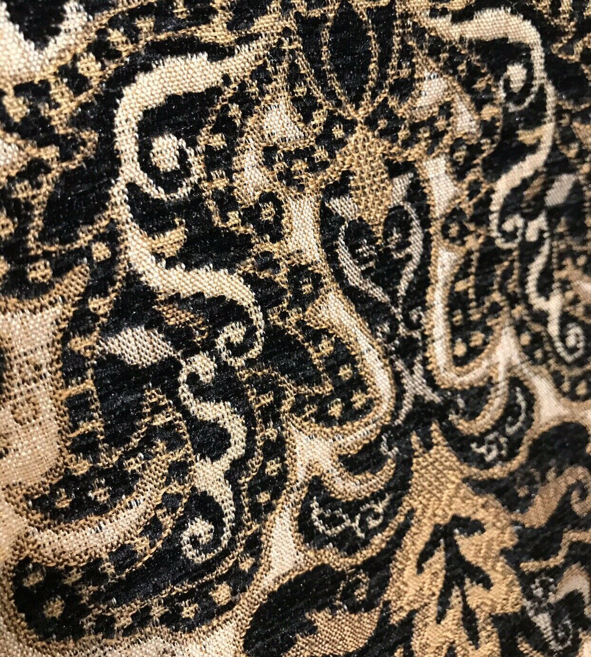 King Christopher Designer Velvet Chenille Burnout Damask Brocade Fabric - Black Beige Gold BTY - Fancy Styles Fabric Pierre Frey Lee Jofa Brunschwig & Fils