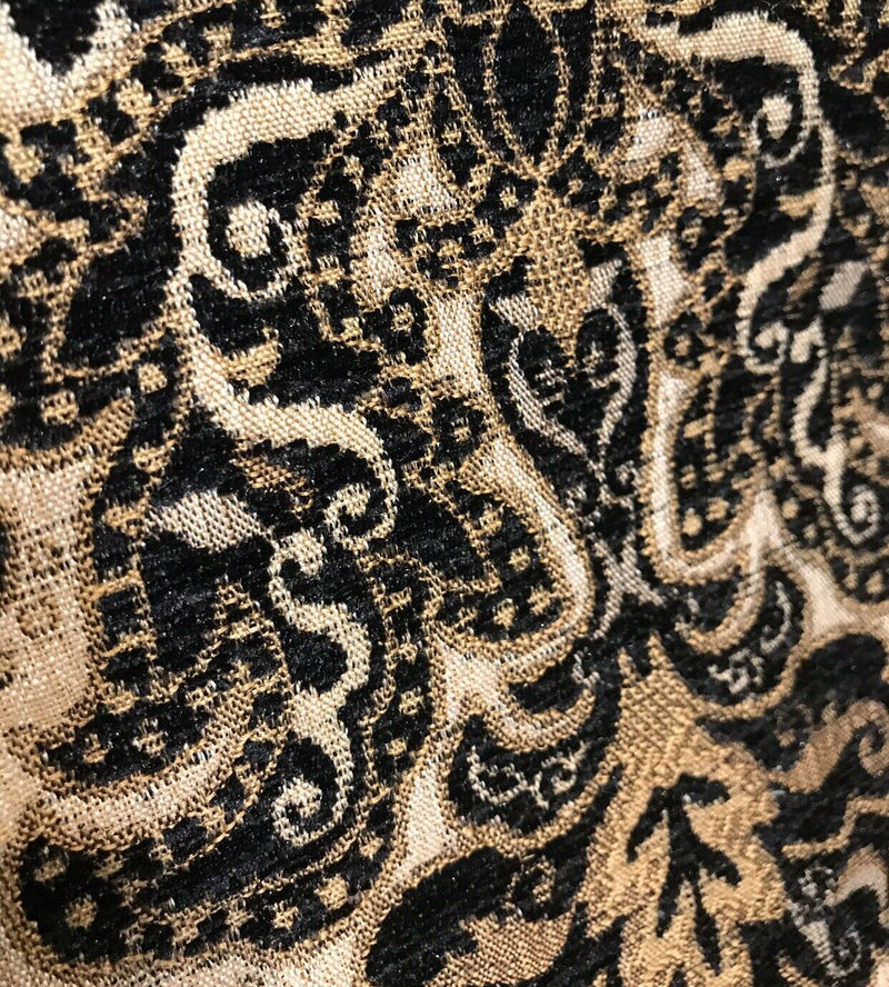 King Christopher Designer Velvet Chenille Burnout Damask Brocade Fabric - Black Beige Gold BTY - Fancy Styles Fabric Pierre Frey Lee Jofa Brunschwig & Fils