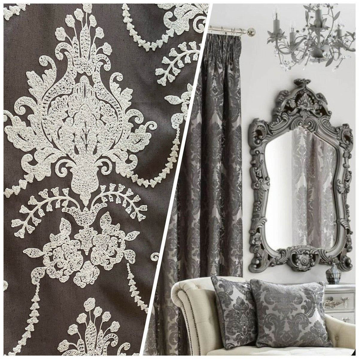 NEW! Princess Layla Designer Linen Inspired Damask Drapery Fabric- Charcoal Gray & White - Fancy Styles Fabric Pierre Frey Lee Jofa Brunschwig & Fils