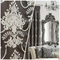 NEW! Princess Layla Designer Linen Inspired Damask Drapery Fabric- Charcoal Gray & White - Fancy Styles Fabric Pierre Frey Lee Jofa Brunschwig & Fils