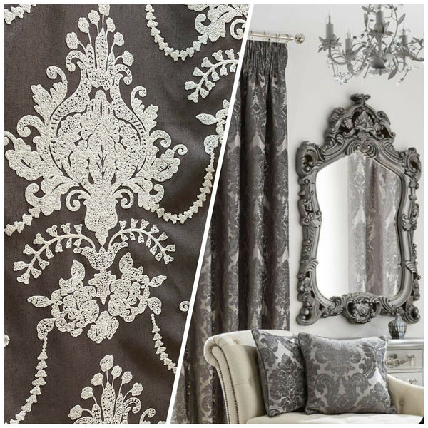 NEW! Princess Layla Designer Linen Inspired Damask Drapery Fabric- Charcoal Gray & White - Fancy Styles Fabric Pierre Frey Lee Jofa Brunschwig & Fils