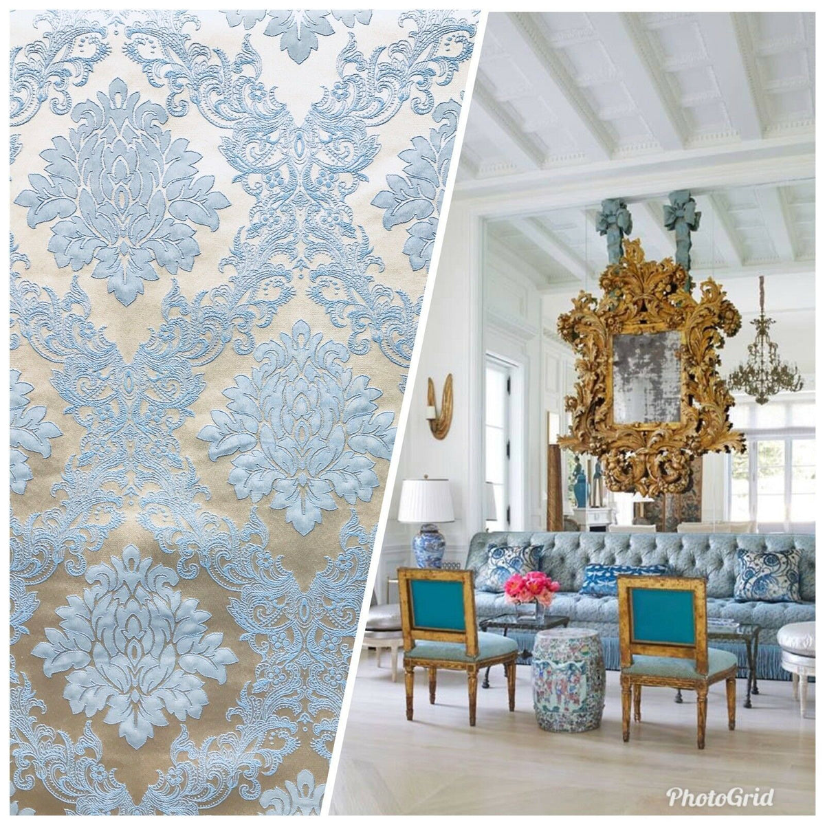 NEW! Back in stock! Princess Gemma Designer Brocade Damask Upholstery Decorating Fabric- Powder Blue - Fancy Styles Fabric Pierre Frey Lee Jofa Brunschwig & Fils