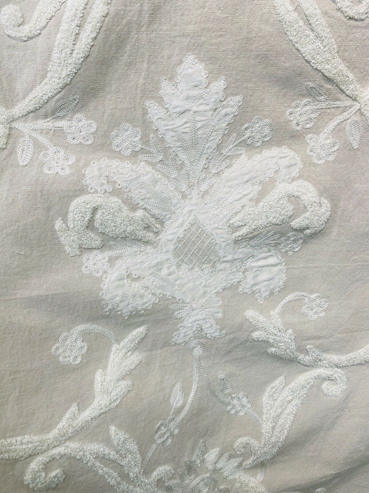 NEW! Lady Nora Novelty 100% Silk Fabric With Crewel Floral Embroidery- Ecru & White - Fancy Styles Fabric Pierre Frey Lee Jofa Brunschwig & Fils