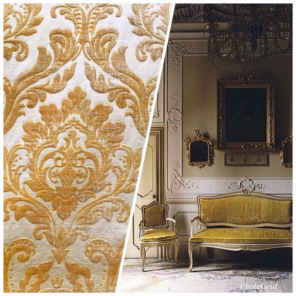 NEW! Queen Isabelle Designer Damask Burnout Chenille Velvet Fabric - Honey Gold BTY - Fancy Styles Fabric Pierre Frey Lee Jofa Brunschwig & Fils