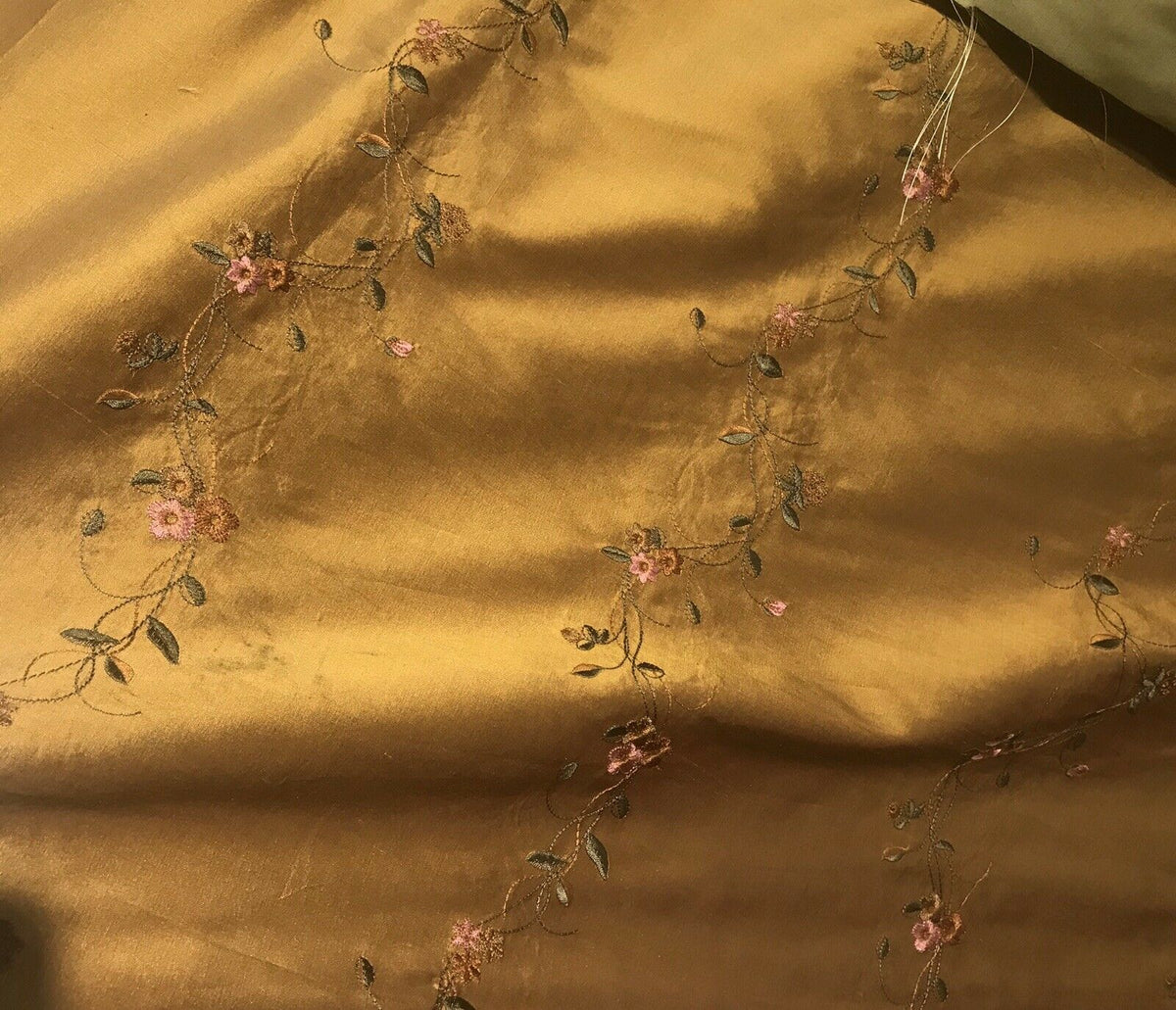 NEW! Duchess Rowena 100% Silk Dupioni Embroidery Floral Fabric- Copper Gold - Fancy Styles Fabric Pierre Frey Lee Jofa Brunschwig & Fils