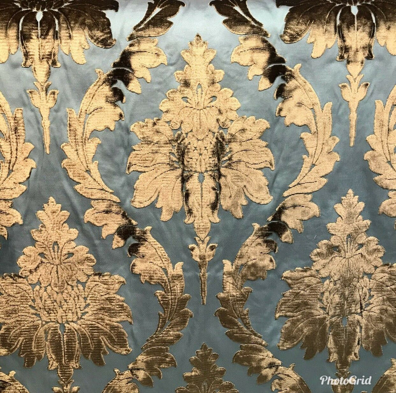 Emperor Walter Designer Italian Burnout Damask Chenille Blue Bronze Fabric Upholstery - Fancy Styles Fabric Pierre Frey Lee Jofa Brunschwig & Fils