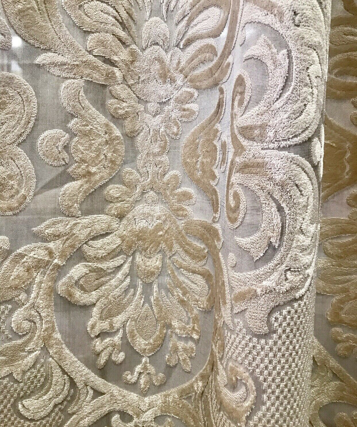 NEW! 112” Wide Designer Sheer Burnout Velvet Lace Drapery Fabric- Shell Pearl - Fancy Styles Fabric Pierre Frey Lee Jofa Brunschwig & Fils
